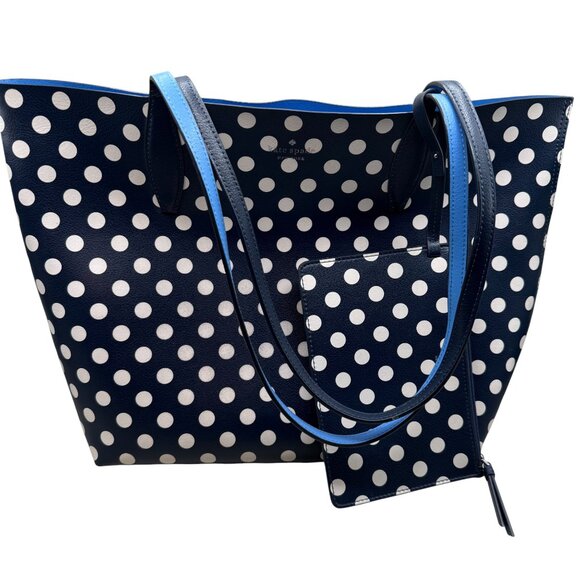 Kate Spade Blue and White Polka Dot tote w/ Matching Pouch 18" Across 13" Tall - Picture 1 of 8